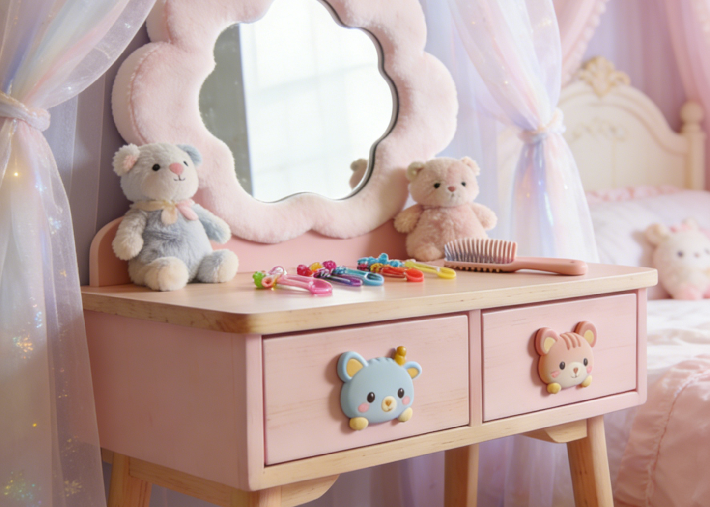 Cloud Shaped Kids Vanity Table - Fluffy Mirror Toddler Dressing Table with Double Drawers and Bear Knobs (Pink & Natural Wood)