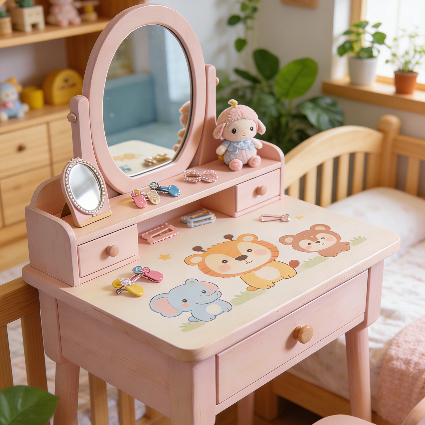 Cloud Shaped Kids Vanity Table - Fluffy Mirror Toddler Dressing Table with Double Drawers and Bear Knobs (Pink & Natural Wood)