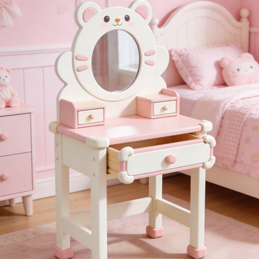 Cute Bear Kids Vanity Table - Solid Wood Toddler Dressing Table with Round Mirror and Storage Drawers (Pink & White)
