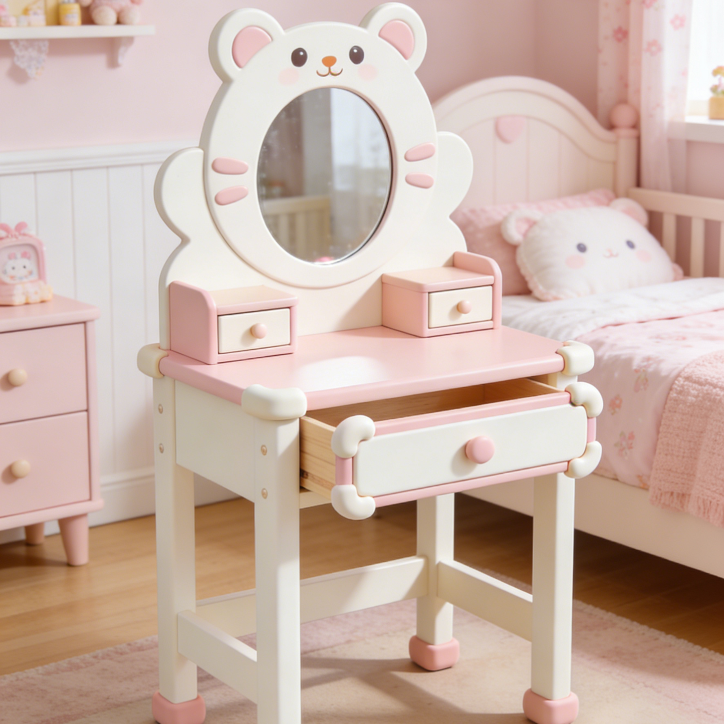 Cute Bear Kids Vanity Table - Solid Wood Toddler Dressing Table with Round Mirror and Storage Drawers (Pink & White)