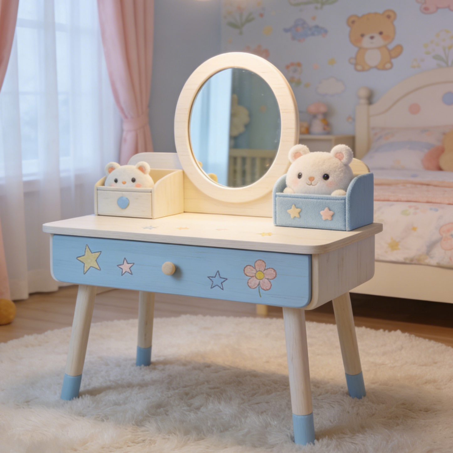 Star & Flower Kids Vanity Desk - Natural Wood Toddler Dressing Table with Oval Mirror and Storage (Light Wood & Blue)
