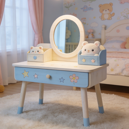 Star & Flower Kids Vanity Desk - Natural Wood Toddler Dressing Table with Oval Mirror and Storage (Light Wood & Blue)