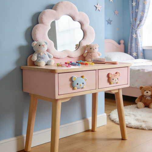 Cloud Shaped Kids Vanity Table - Fluffy Mirror Toddler Dressing Table with Double Drawers and Bear Knobs (Pink & Natural Wood)