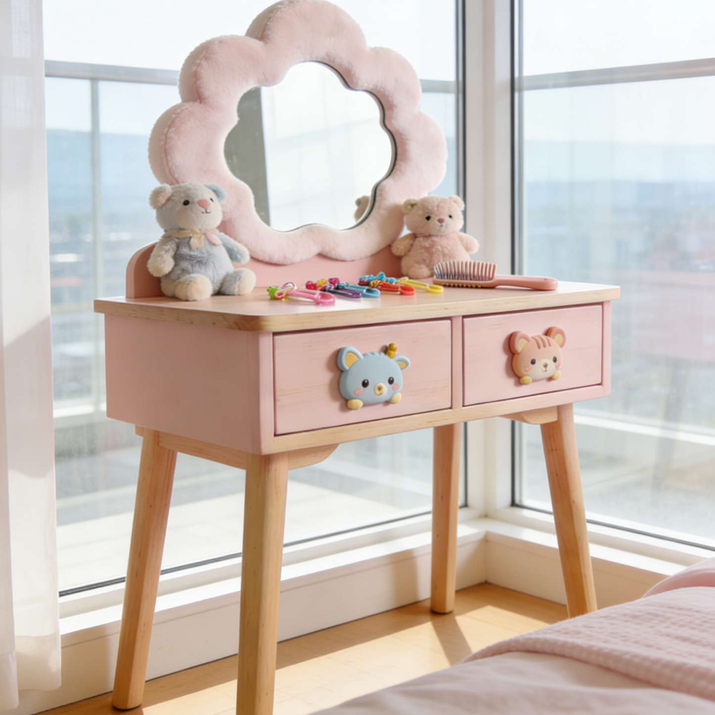 Cloud Shaped Kids Vanity Table - Fluffy Mirror Toddler Dressing Table with Double Drawers and Bear Knobs (Pink & Natural Wood)
