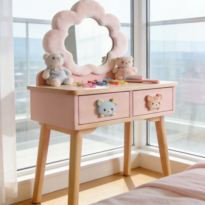 Cloud Shaped Kids Vanity Table - Fluffy Mirror Toddler Dressing Table with Double Drawers and Bear Knobs (Pink & Natural Wood)