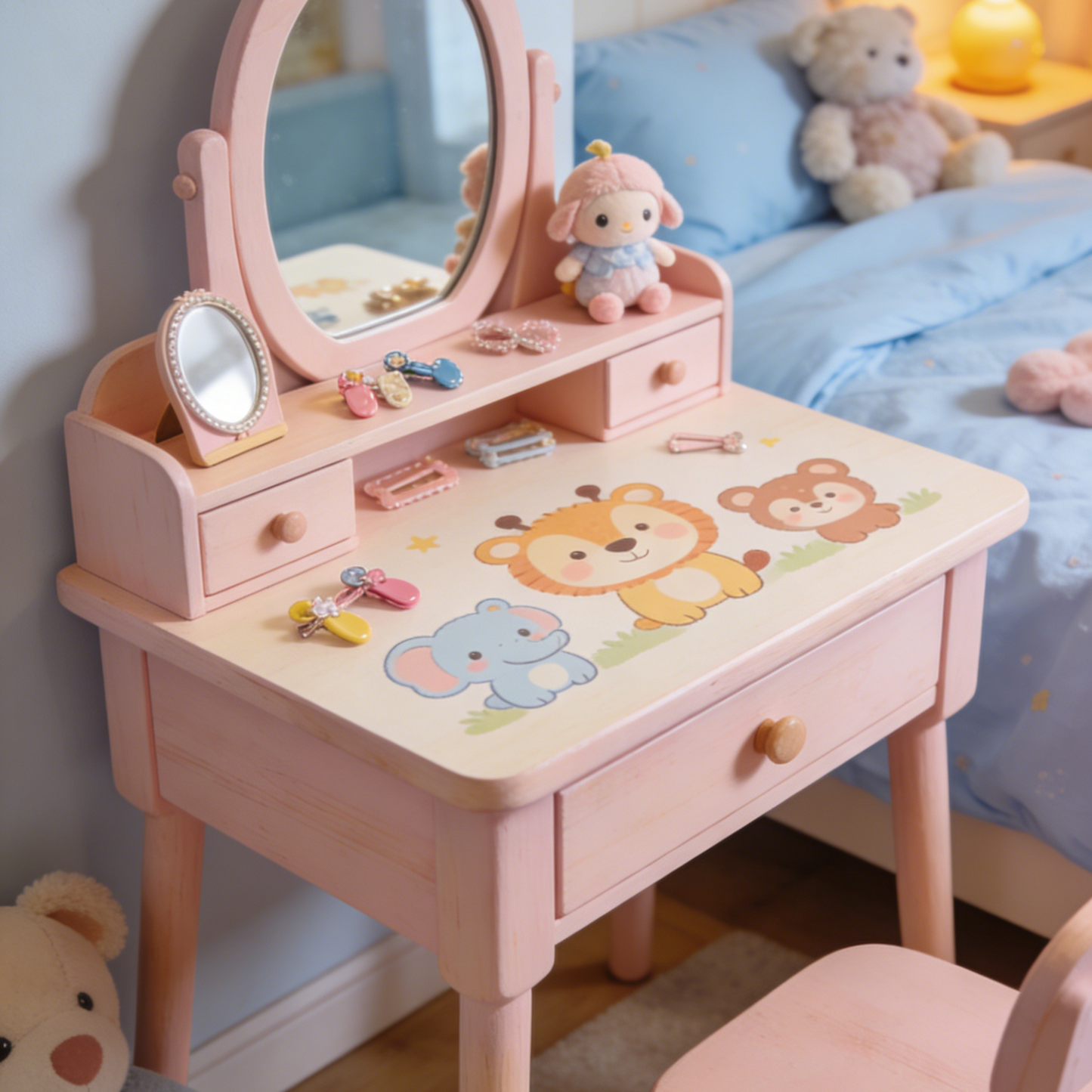Cloud Shaped Kids Vanity Table - Fluffy Mirror Toddler Dressing Table with Double Drawers and Bear Knobs (Pink & Natural Wood)
