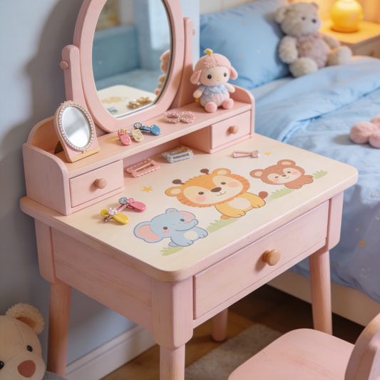 Cloud Shaped Kids Vanity Table - Fluffy Mirror Toddler Dressing Table with Double Drawers and Bear Knobs (Pink & Natural Wood)