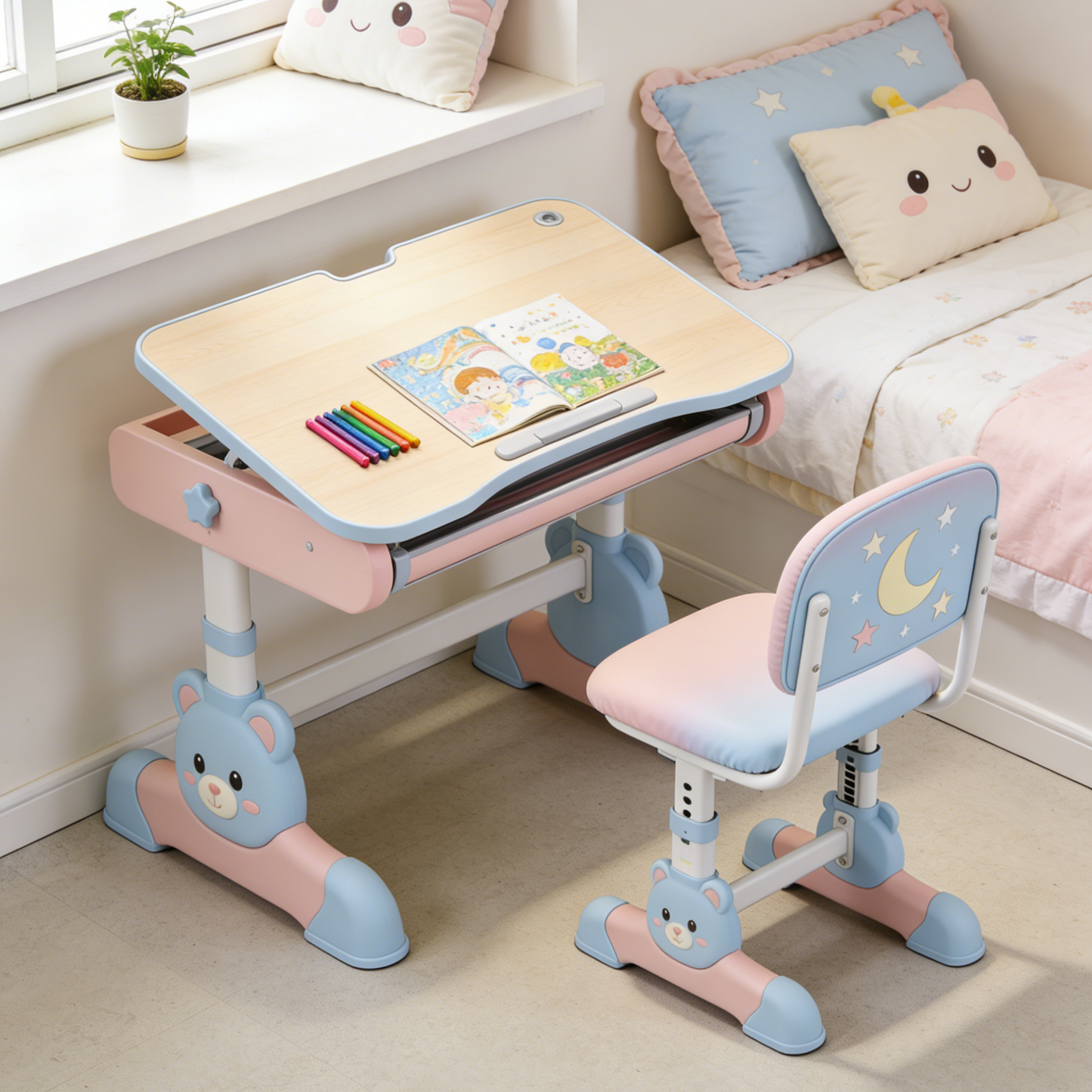 Adjustable Kids Study Desk and Chair Set - Bear Design Ergonomic School Table with Tilt Top for Girls (Pink & Blue)