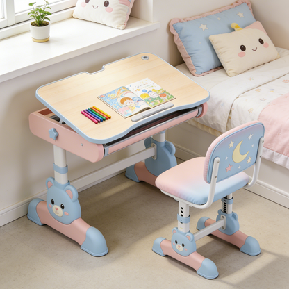 Adjustable Kids Study Desk and Chair Set - Bear Design Ergonomic School Table with Tilt Top for Girls (Pink & Blue)