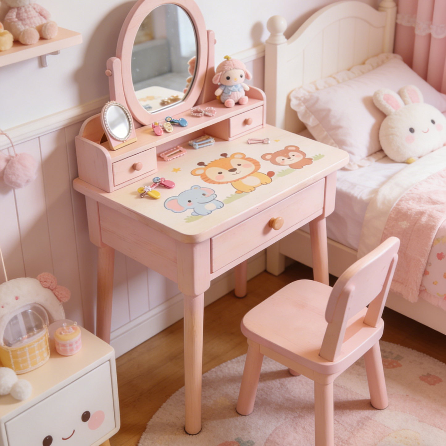 Cloud Shaped Kids Vanity Table - Fluffy Mirror Toddler Dressing Table with Double Drawers and Bear Knobs (Pink & Natural Wood)