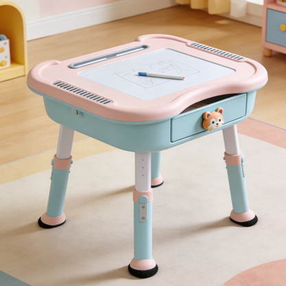 Animal Print Kids Study Desk and Chair Set - Pink Toddler Writing Table with Adjustable Mirror and StorageAnimal Print Kids Study Desk and Chair Set - Pink Toddler Writing Table with Adjustable Mirror and Storage