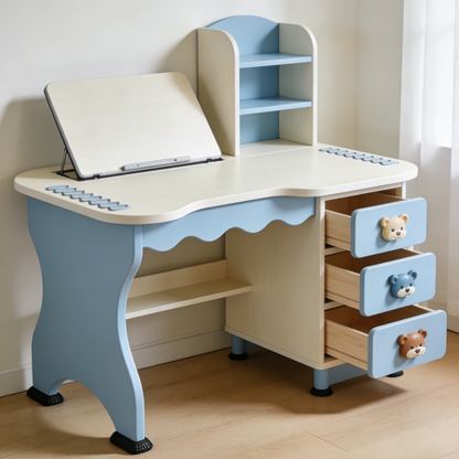 Scalloped Edge Kids Study Desk with Book Stand - Blue & White Ergonomic Writing Table with 3 Bear Drawers for Boys