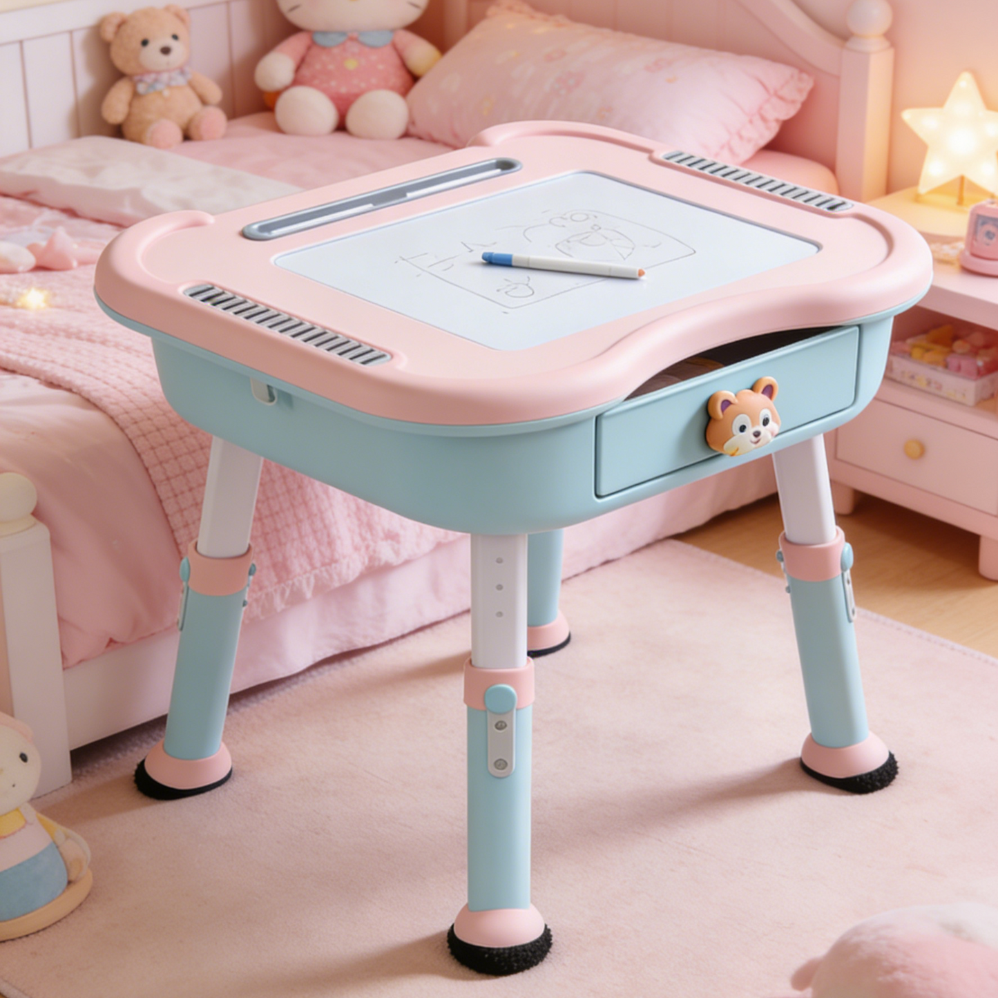 Animal Print Kids Study Desk and Chair Set - Pink Toddler Writing Table with Adjustable Mirror and StorageAnimal Print Kids Study Desk and Chair Set - Pink Toddler Writing Table with Adjustable Mirror and Storage