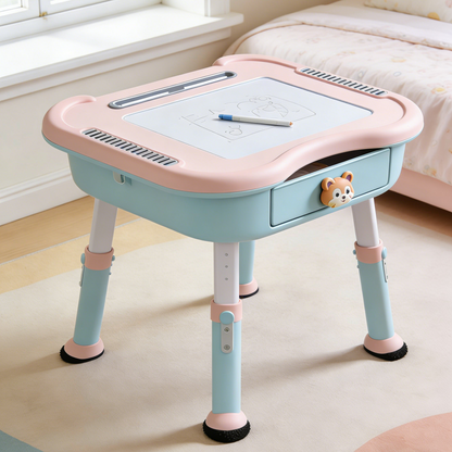 Animal Print Kids Study Desk and Chair Set - Pink Toddler Writing Table with Adjustable Mirror and StorageAnimal Print Kids Study Desk and Chair Set - Pink Toddler Writing Table with Adjustable Mirror and Storage