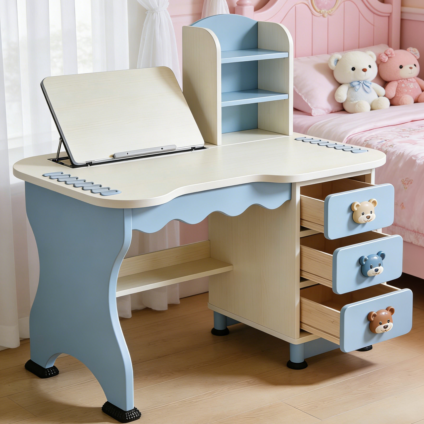 Scalloped Edge Kids Study Desk with Book Stand - Blue & White Ergonomic Writing Table with 3 Bear Drawers for Boys
