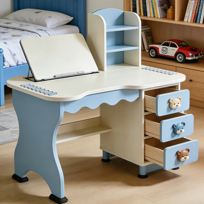 Scalloped Edge Kids Study Desk with Book Stand - Blue & White Ergonomic Writing Table with 3 Bear Drawers for Boys