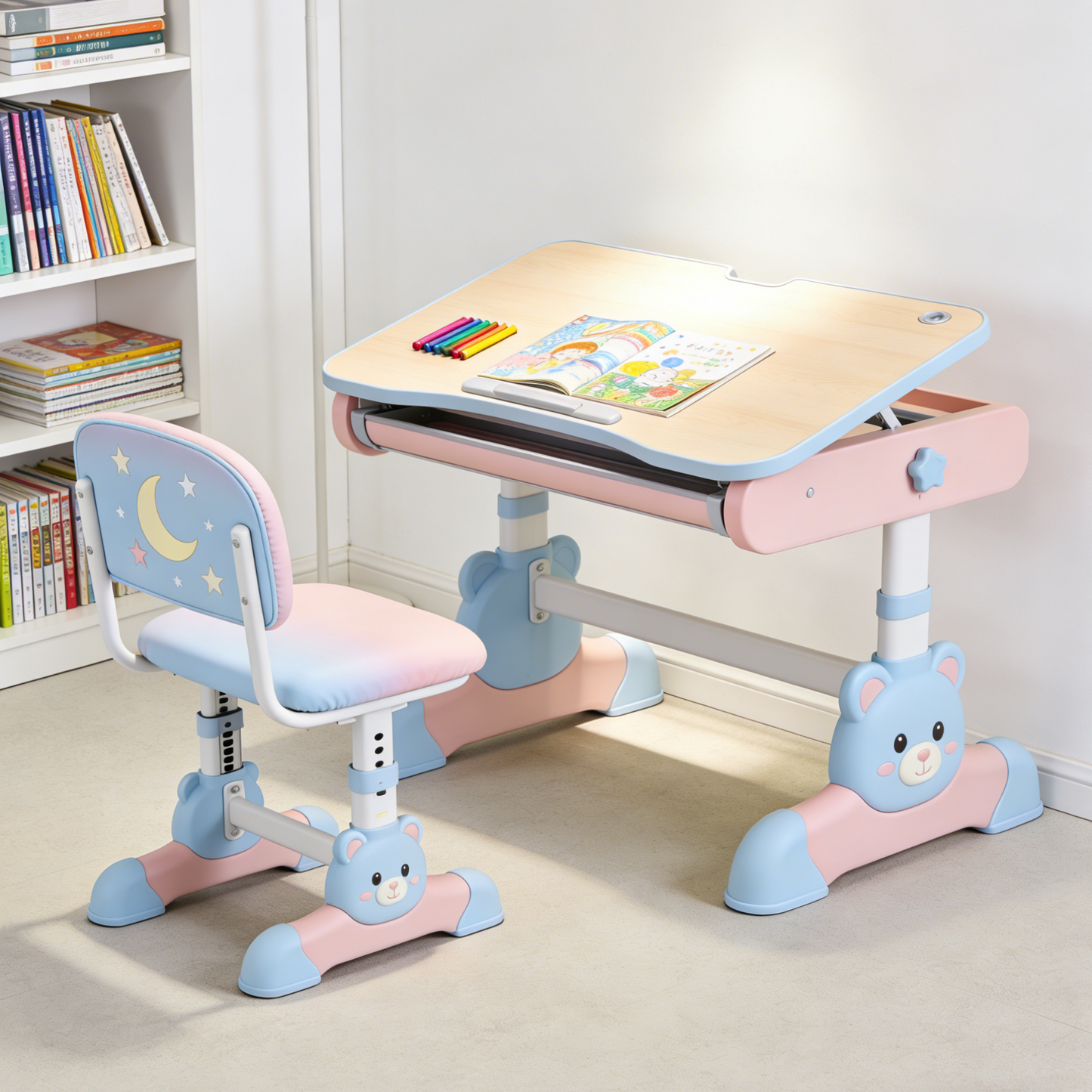 Adjustable Kids Study Desk and Chair Set - Bear Design Ergonomic School Table with Tilt Top for Girls (Pink & Blue)