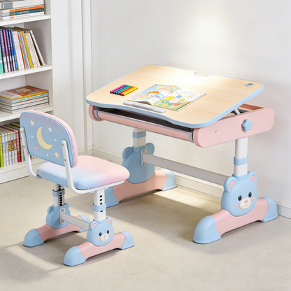Adjustable Kids Study Desk and Chair Set - Bear Design Ergonomic School Table with Tilt Top for Girls (Pink & Blue)
