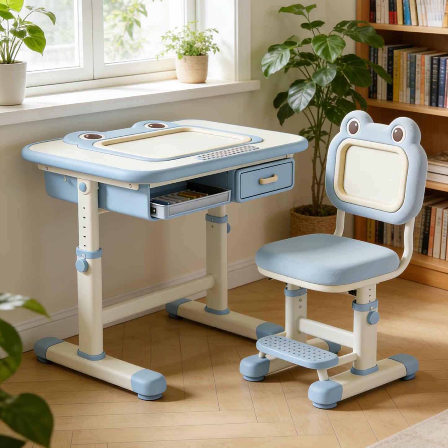 Frog Cartoon Kids Study Desk and Chair Set - Adjustable Ergonomic Writing Table with Storage Drawer for Boys (Blue & White)