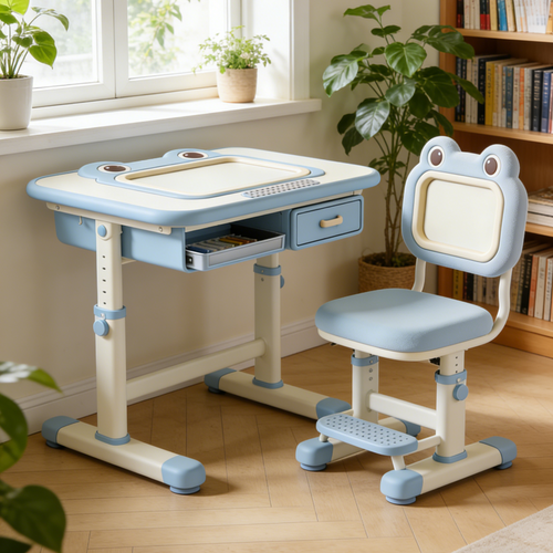 Frog Cartoon Kids Study Desk and Chair Set - Adjustable Ergonomic Writing Table with Storage Drawer for Boys (Blue & White)
