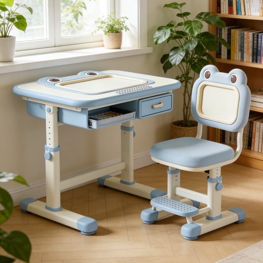 Frog Cartoon Kids Study Desk and Chair Set - Adjustable Ergonomic Writing Table with Storage Drawer for Boys (Blue & White)