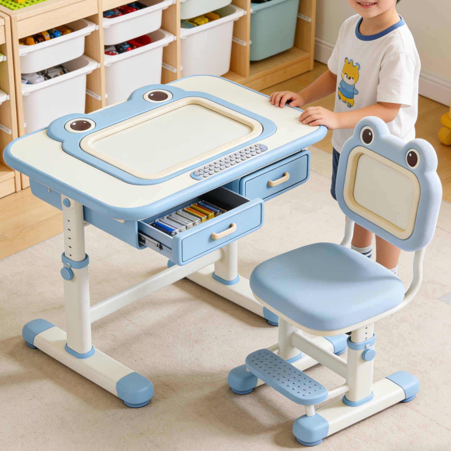 Frog Cartoon Kids Study Desk and Chair Set - Adjustable Ergonomic Writing Table with Storage Drawer for Boys (Blue & White)