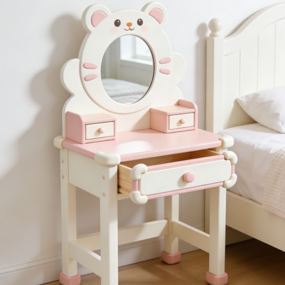 Cute Bear Kids Vanity Table - Solid Wood Toddler Dressing Table with Round Mirror and Storage Drawers (Pink & White)